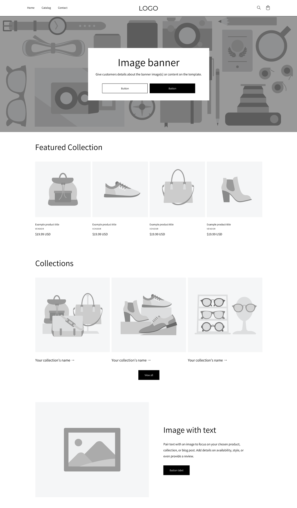 Greyscale wireframe of home page layout using UI Kit placeholder images.