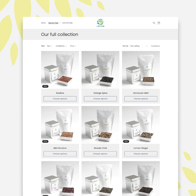 Collection page for tea company Shopify store.