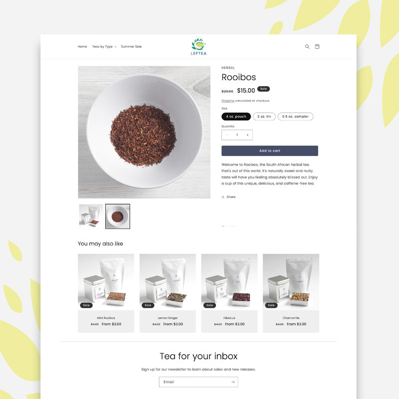 Product page for tea company Shopify store.