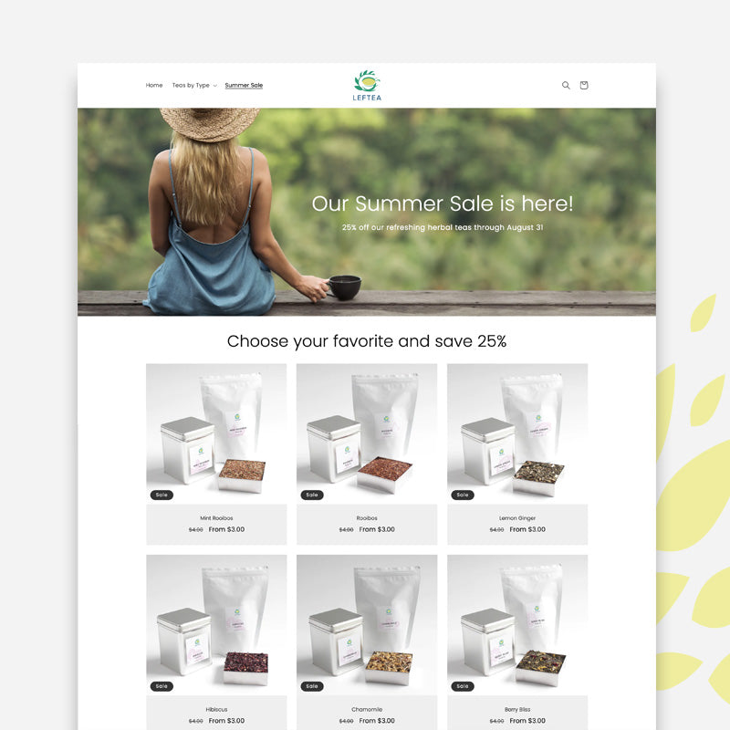 Summer sale landing page for tea company Shopify store.