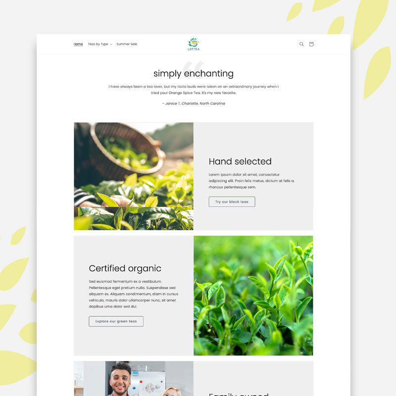 Home page benefits and values section for tea company Shopify store.