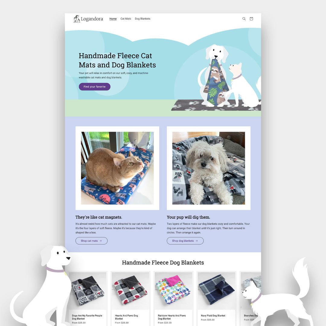 Home page of our demo store for Logan Dora, a fictitious company selling blankets for pets.