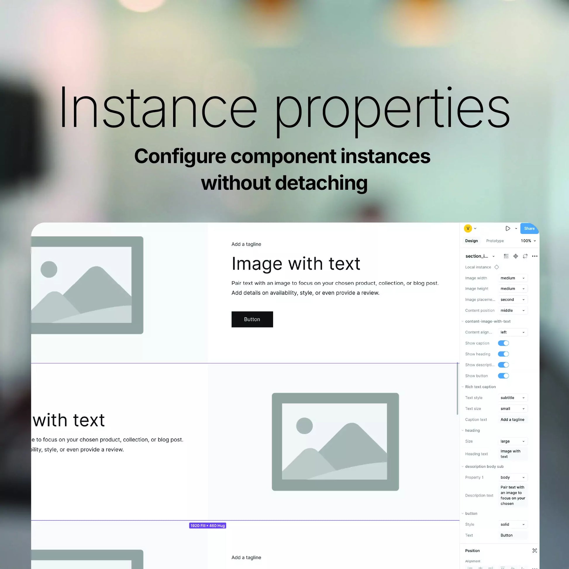 Screenshot showing instance properties for a Figma component for the Image with Text section, showing how you can configure component instances without detaching.