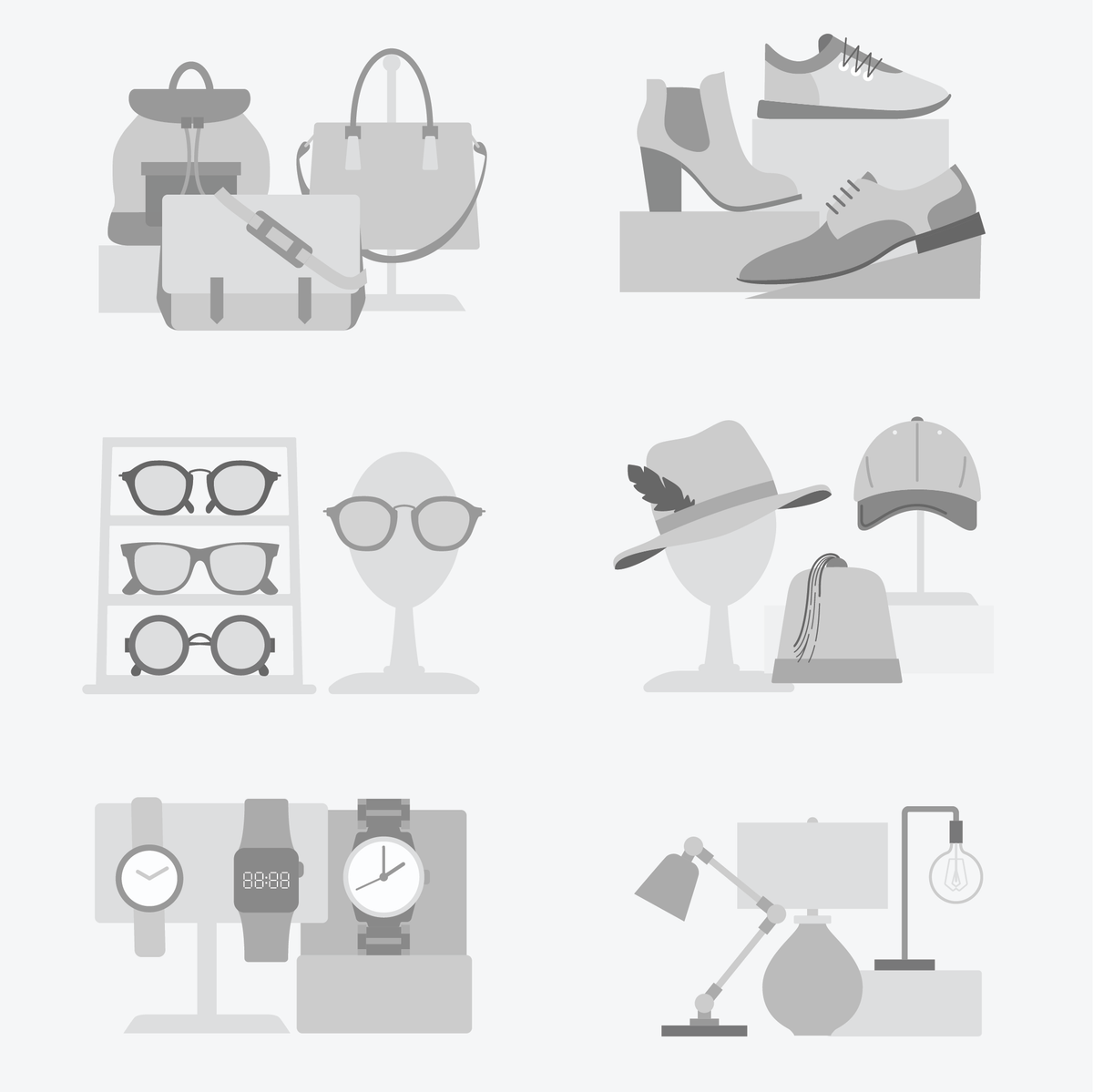 Greyscale vector images for e-commerce collections for bags, shoes, eyeglasses, hats, watches, and lamps.