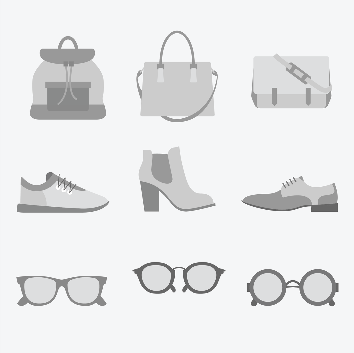 Greyscale vector images for eyeglasses, shoes, and bags.