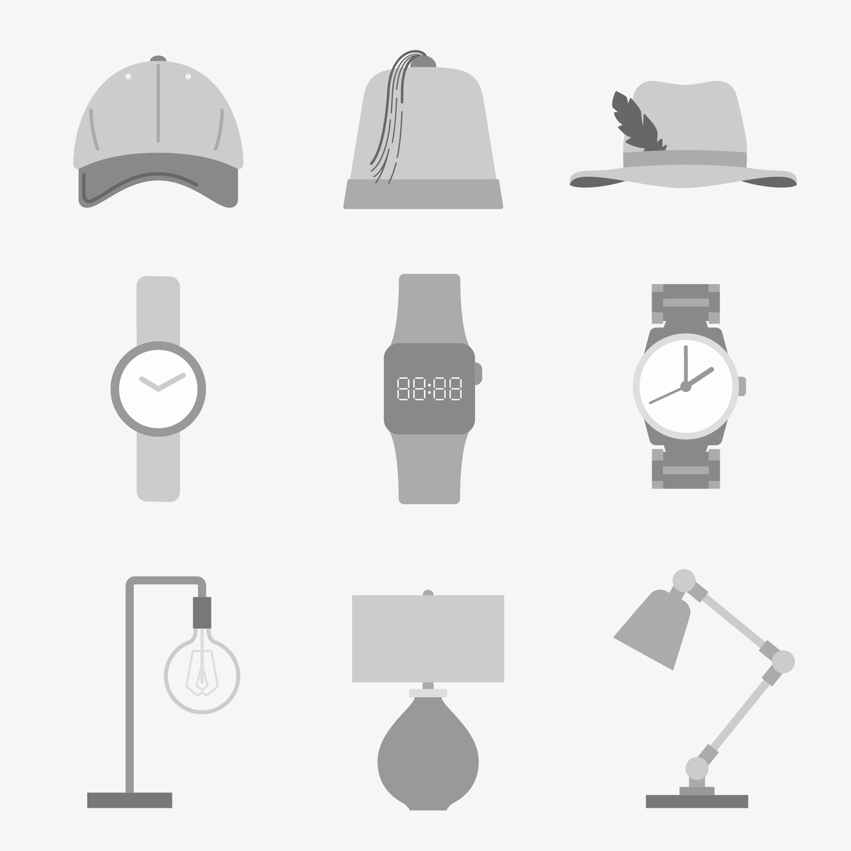 Greyscale vector images for watches, lamps, and hats.