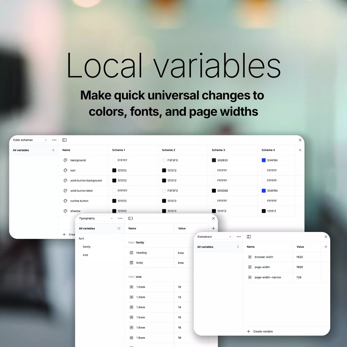 Screenshots of local variables panels in Figma for color schemes, typography, and page sizes, with text saying that you can make quick universal changes to colors, fonts, and page widths with local variables in the UI kit.