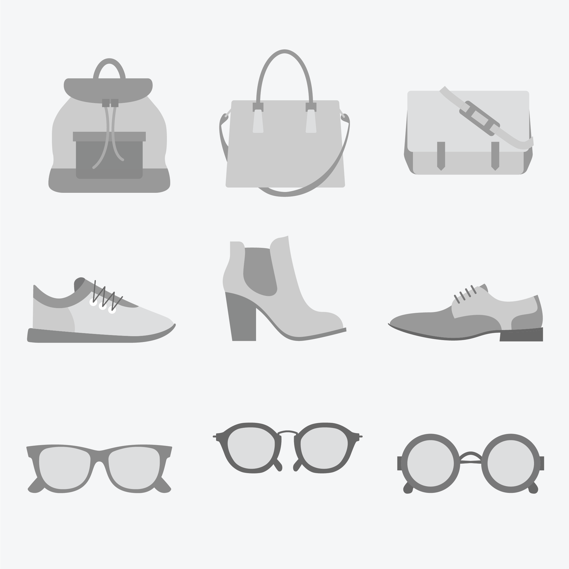 Greyscale vector images for eyeglasses, shoes, and bags.